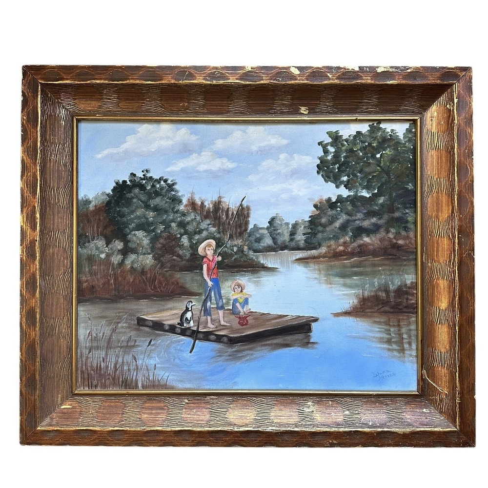 VTG Original Lahoma Herron Oil Painting 25x21 Inch Canvas Bayou Boys Raft Texas‎
